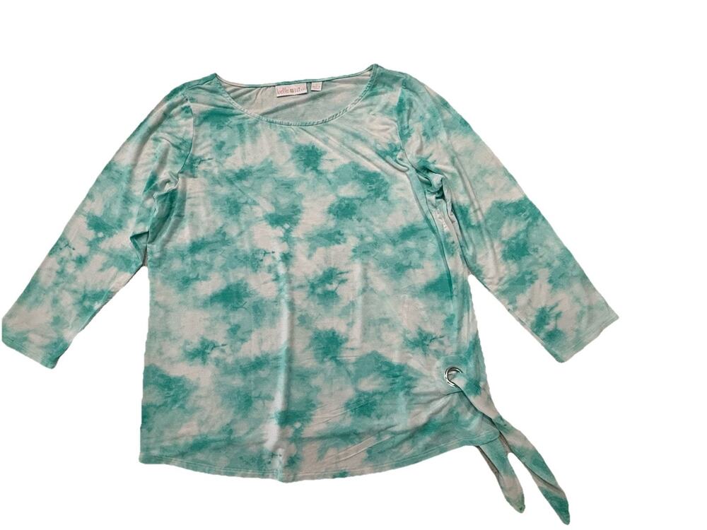 Belle by Kim Gravel QVC Sz Small Rayon Spandex Tie Dye White Green 3/4 Sleeves